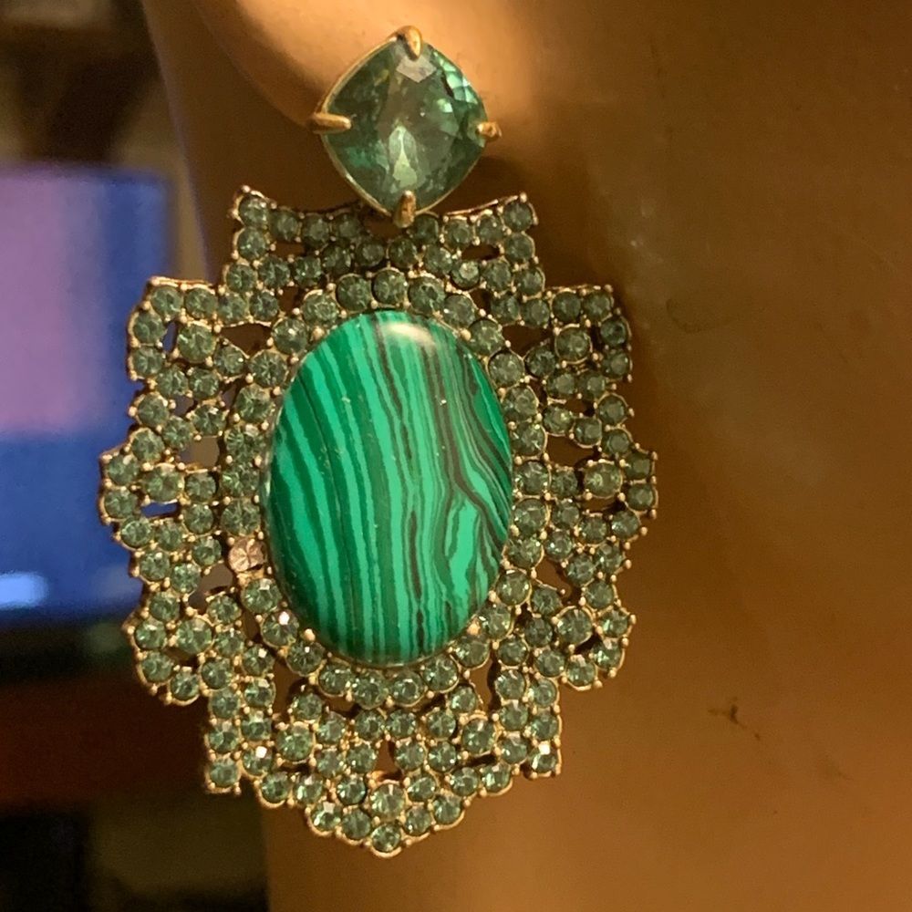 GREEN CRYSTALS,RHINESTONES AND “MALACHITE” EARRINGS WITH DETACHABLE PENDANTS